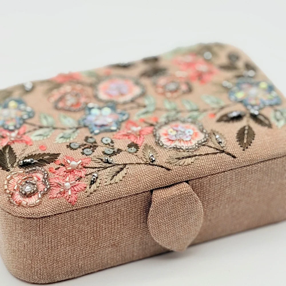 Floral Embroidered Beaded Jewelry Box Travel Case Tan Linen Boho Cottagecore